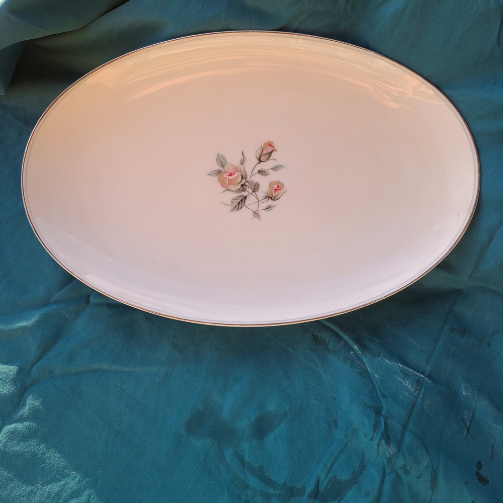 Noritake Margot 5605 16in Oval Platter White Pink Rose MCM Platinum Trim Bone Ch - Picture 3 of 5
